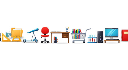 Back to school a colorful illustration of various office and home items in a horizontal line