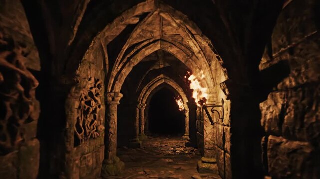 Dark medieval dungeon tunnel with stone arches and flickering torches on the wall creating a mysterious and dangerous atmosphere