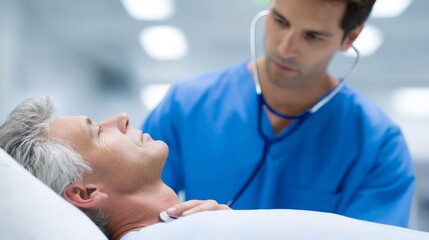 Obraz premium A healthcare professional examines a patient in a hospital setting. The scene captures medical attention and care. The doctor uses a stethoscope with concern. 