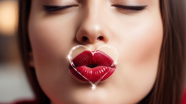 Woman with red lips and heart shaped lips, romantic gesture, love