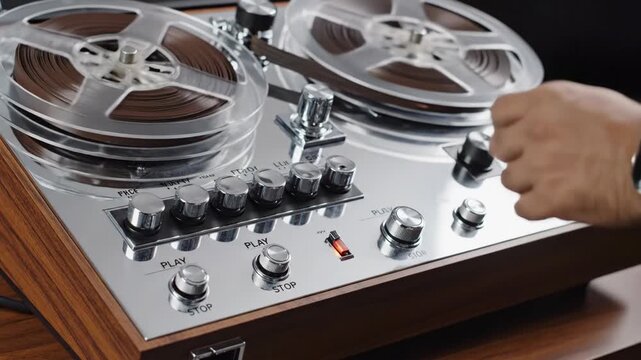Man pressing play and stop buttons on a reel to reel tape recorder for vintage music playback