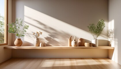 sunlight fills a minimalist interior with a wooden shelf and soft colors in a serene living space