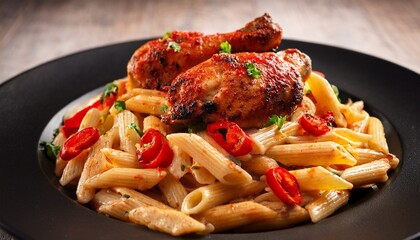 a close up of cajun chicken pasta with fire grilled chicken paprika and red peppers in the background on a black plate food photography front view