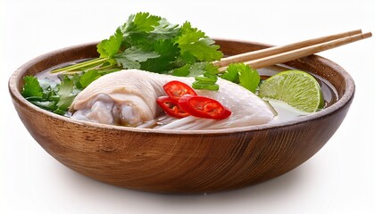 vietnamese pho ga chicken drumstick in wooden bowl garnished with cilantro chili and fresh herbs isolated on white background