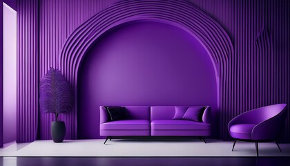 minimal purple interior with black curtains and arched wall design