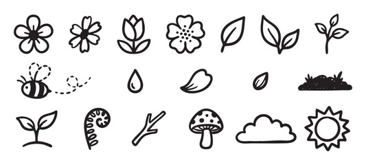 Fototapeta premium Set of hand-drawn nature icons in a simple black and white doodle style, featuring flowers, a bee, leaves, a mushroom, sun, and a cloud for spring or garden themes
