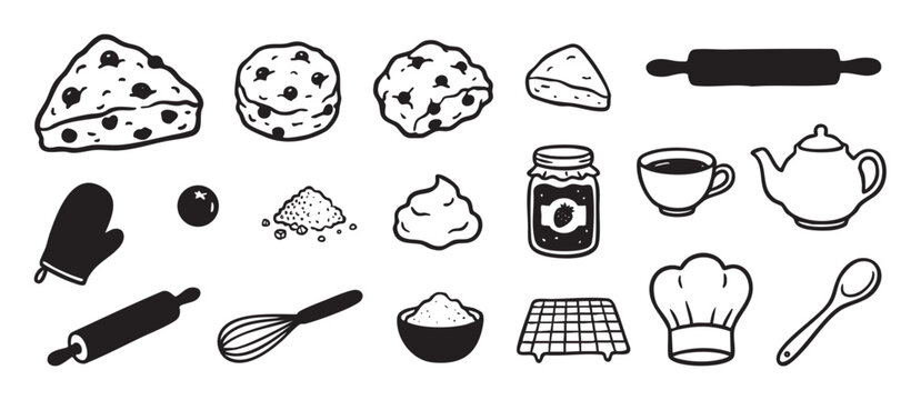 Collection of hand-drawn baking and tea time icons with scones, jam, a teapot, rolling pin, and chef hat in a simple black and white doodle illustration style