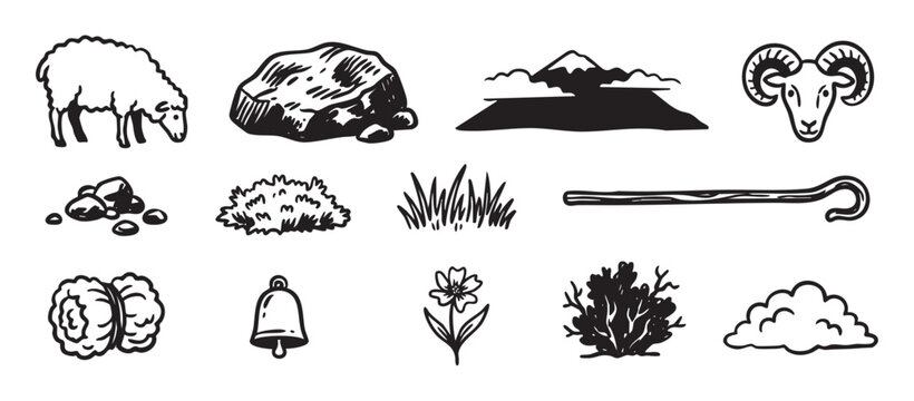 Collection of hand-drawn black pastoral icons featuring a sheep, ram, mountain, shepherd's crook, wool, bell, and nature elements in a simple, rustic, sketch-like illustration style