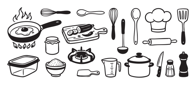 Set of hand-drawn kitchen and cooking icons in a simple black and white doodle style, featuring a frying pan, chef hat, utensils, pot, and other culinary equipment