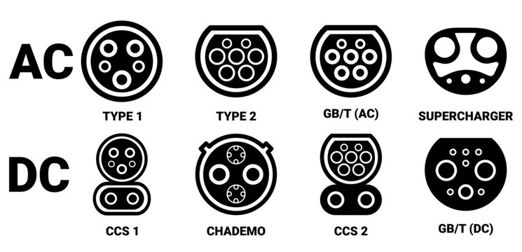 Types of electric vehicle plugs. standard charging connector plug and socket. Connectors for electric vehicles. electric car charge