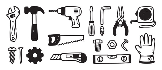 Fototapeta na wymiar Set of hand-drawn construction tool icons in a simple black and white doodle style, featuring a hammer, drill, saw, wrench, and other hardware for repair and DIY projects