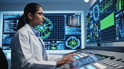 Woman scientist using advanced controls. Medical research and data analysis in digital lab with futuristic display. - Powered by Adobe