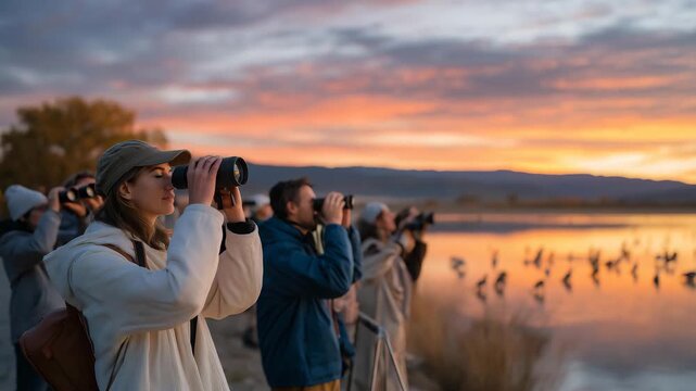 Birdwatchers gather at the edge of a tranquil lake at dawn, their binoculars ready as they eagerly await the arrival of local wildlife against a backdrop of vibrant sunrise colors. cinematic color