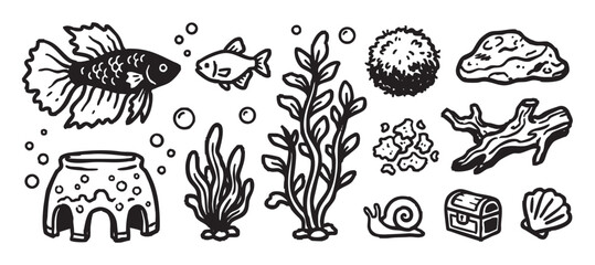 Hand-drawn collection of black and white aquarium elements featuring a betta fish, seaweed, snail, treasure chest, and other underwater life in a simple doodle line art style
