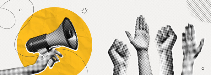 Obraz na płótnie Canvas Trendy Halftone Collage Protest demonstration with raised hands. Leader with megaphone. Fight for your rights. Voice of community. News and propaganda. Contemporary vector illustration art