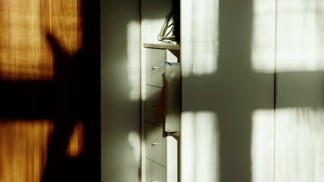 Shadow of a father playing with his baby projected on a sunlit room. Emotional family moment representing love, bonding, parenthood, and natural morning light at home.
