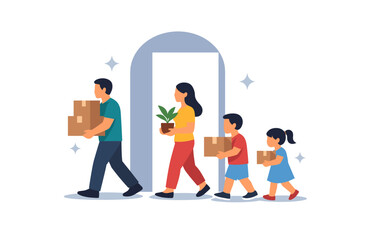 Fototapeta premium Family moving into new home: parents and children carrying boxes and plants