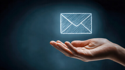 Human hand presenting futuristic digital envelope icon symbolizing electronic mail communication and message delivery in a high-tech digital environment