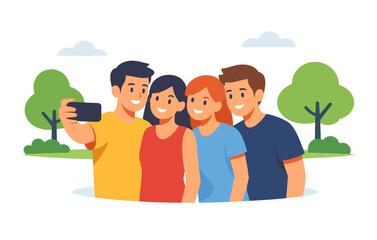 Diverse group of young adults taking a selfie outdoors