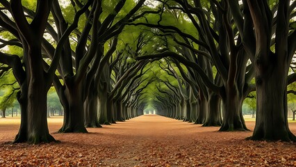 Avenue of ancient oak trees with a carpet of fallen leaves, dappled sunlight filtering through the canopy.