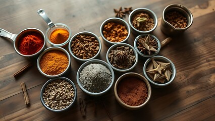 An artistic arrangement of spice cups on a wooden table from an overhead perspective.