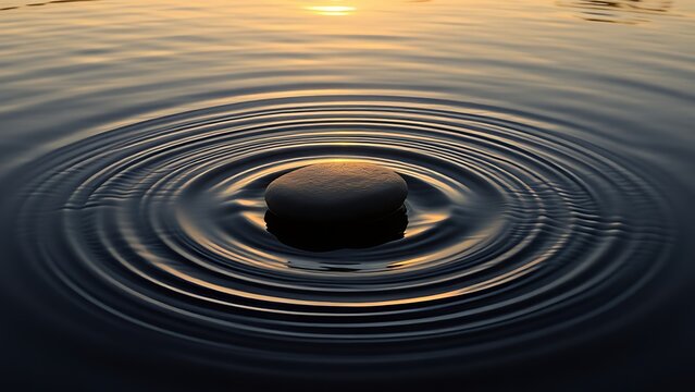 Flat stone skimming across a calm lake at sunset, creating concentric ripples in golden light.