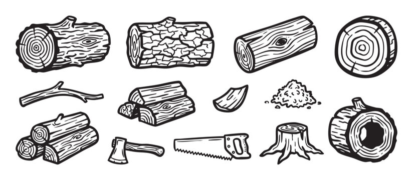 Set of hand-drawn wood and logging illustrations including logs, firewood, an axe, a saw, and a tree stump in a simple monochrome line art style
