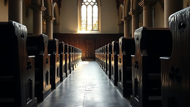 Ancient wooden church pews in rows, light from stained glass window.