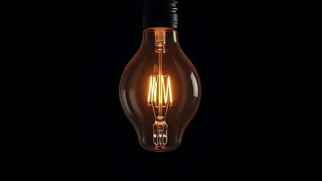 A glowing lightbulb with visible filament, centered in a dark studio setting.