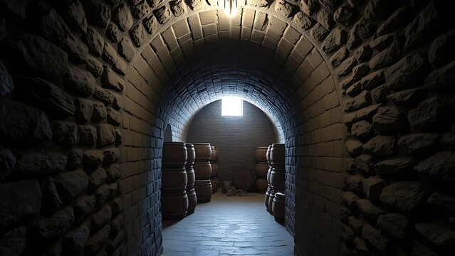 A narrow stone corridor leading to a vaulted storage room with soft interior light.