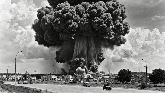 Explosi&oacute;n masiva con humo oscuro, nube de hongo de escombros sobre ciudad en blanco y negro, coches antiguos, veh&iacute;culos militares destruidos en carretera. Dram&aacute;tico, atm&oacute;sfera de guerra y destrucci&oacute;n.