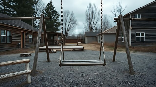 Empty playground swing moving in abandoned village under overcast sky.