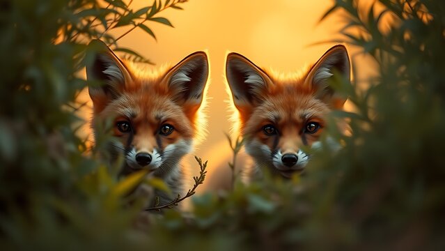 Two foxes peeking through dense foliage with playful expressions in golden light.