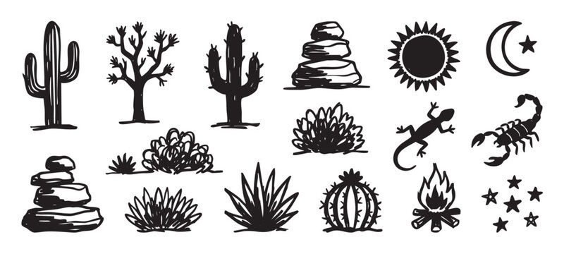 Hand-drawn collection of black desert icons featuring cacti, a scorpion, lizard, sun, and campfire in a rough, sketchy doodle style for nature and travel concepts