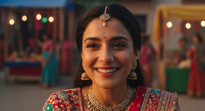 Indian woman smiling at festival with jewelry