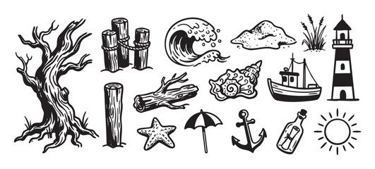Obraz premium Set of hand-drawn nautical illustrations featuring a lighthouse, boat, anchor, wave, seashell, and other beach elements in a black and white woodcut style for maritime themes