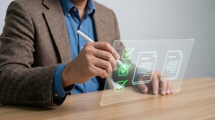 Businessman using a digital pen to check off tasks on a transparent screen, symbolizing efficient workflow and digital management.