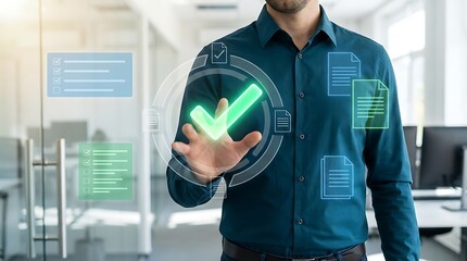 Businessman Interacting with Digital Interface Showing Checkmark and Document Icons.