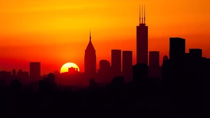 An abstract cityscape silhouette with geometric shapes and warm sunset colors.