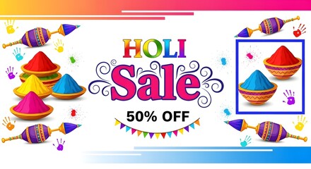 Vibrant holi sale advertisement with colorful pichkari and discount offer