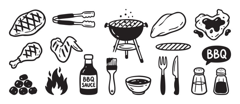Collection of black and white barbecue icons including a grill, steak, chicken, sauce, and utensils in a simple hand-drawn doodle style illustration set for a summer cookout