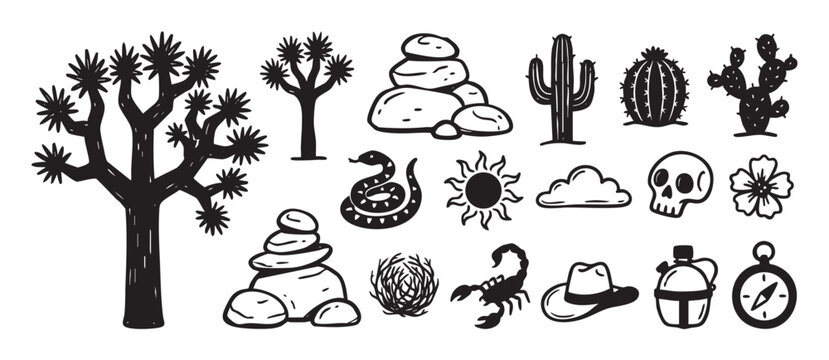 Black hand-drawn desert and western icon set with a joshua tree, saguaro cactus, snake, scorpion, skull, and compass in a rustic graphic illustration style