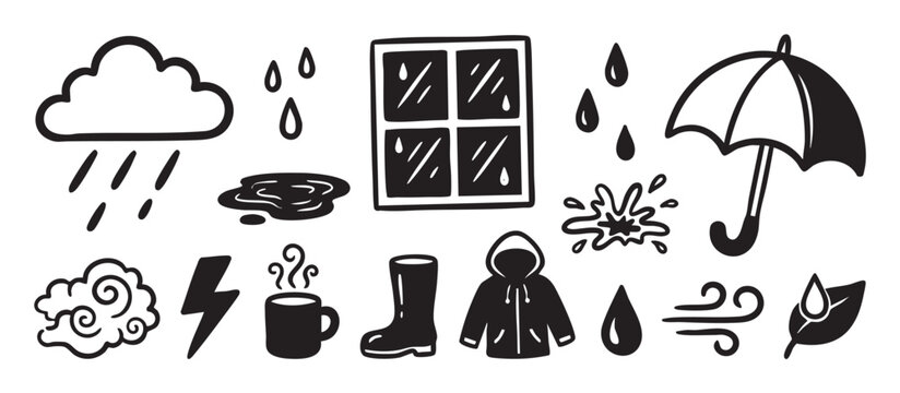 Collection of hand-drawn rainy weather icons featuring a cloud, umbrella, raincoat, and puddle in a simple black and white doodle style for autumn and storm concepts