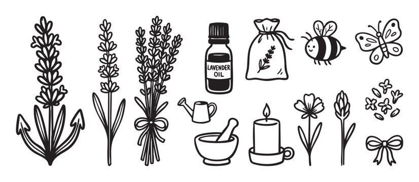 Hand-drawn lavender aromatherapy and spa icon set with flowers, essential oil, a candle, bee, and butterfly in a simple black and white doodle style illustration collection