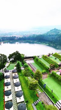 Aerial view of Kahyangan Skyline and Menjer Lake in Wonosobo, Central Java, Indonesia.