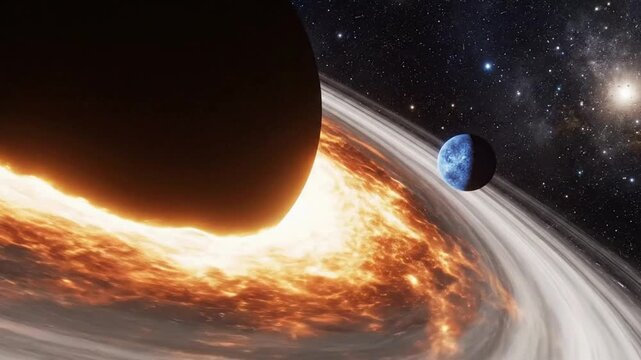 Cosmic scene with black hole and distant planet