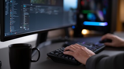Hands typing on keyboard with source code on monitor, developer workspace with coffee mug in low light office setting