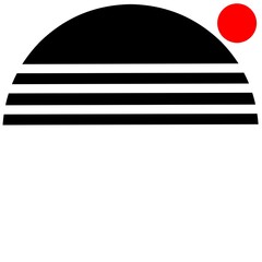 Abstract black half sun shape design with red dots.