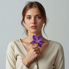 A young woman with fair skin and brown hair holding a purple flower close to her chest while gazing softly at the camera in front of a plain grey background on white background