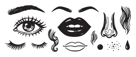 Hand drawn black ink facial features set with eyes, lips, nose, and eyebrows in a grunge sketch style, a collection of graphic elements for beauty and makeup design concepts